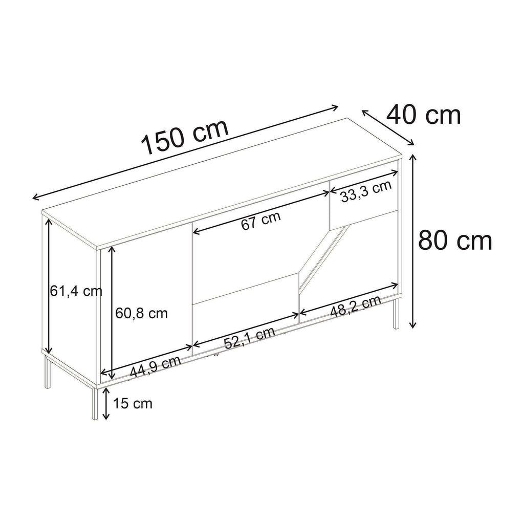 Sideboard dimensions diagram: 150 cm wide, 80 cm high, 40 cm deep