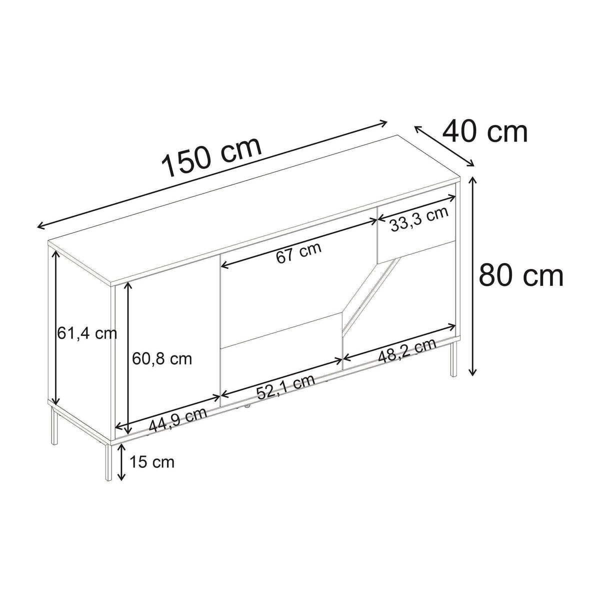 Sideboard dimensions diagram: 150 cm wide, 80 cm high, 40 cm deep