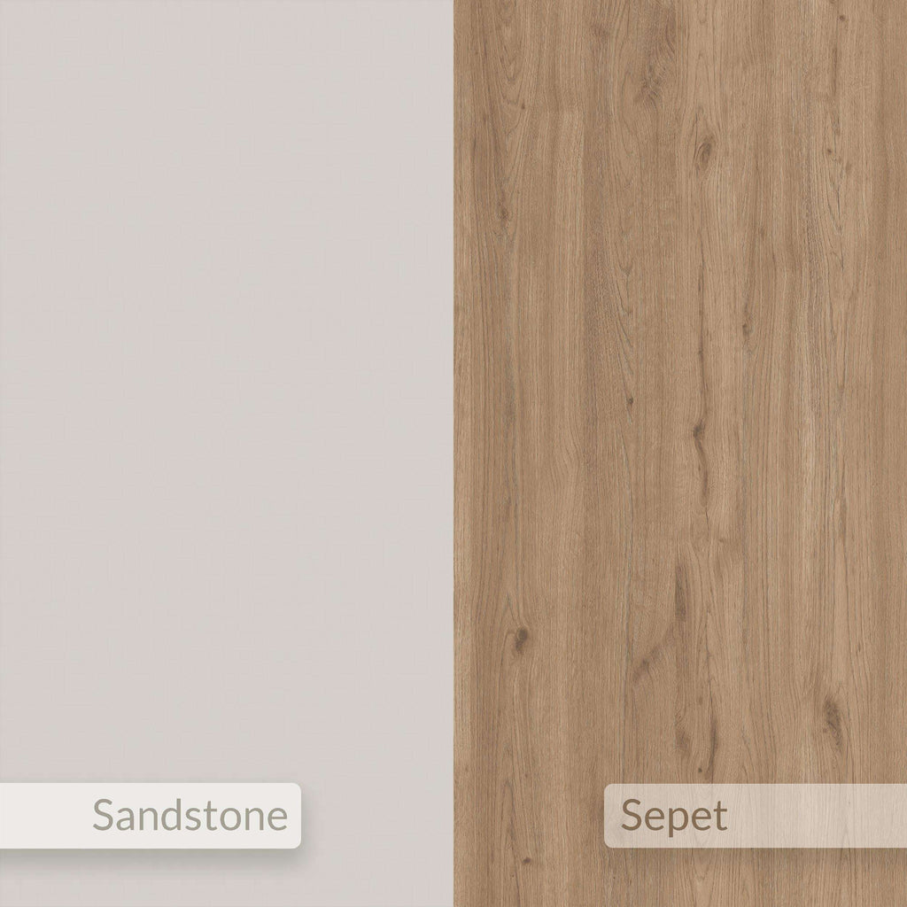 Close-up of light Sandstone door panel with oak wood grain side