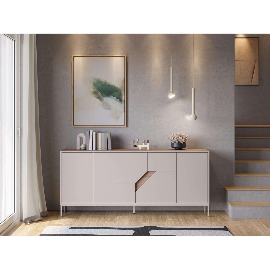 Modern sideboard with light Sandstone doors, oak-toned top, and raised legs