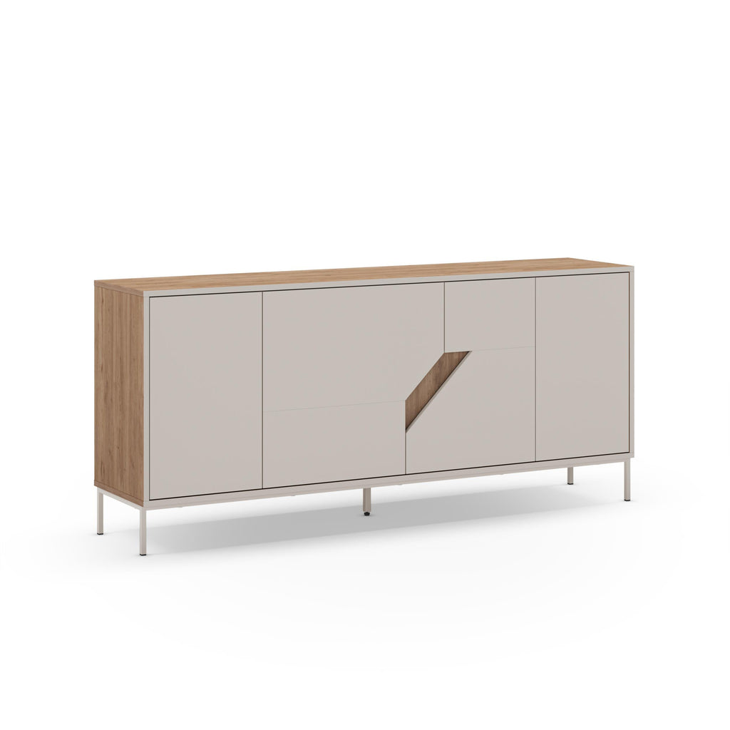 Modern sideboard with oak-toned frame, light Sandstone fronts, and slim legs