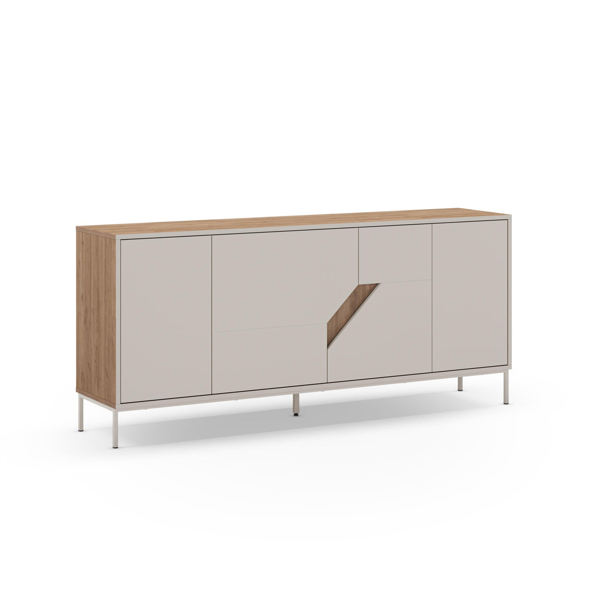 Modern sideboard with oak-toned frame, light Sandstone fronts, and slim legs