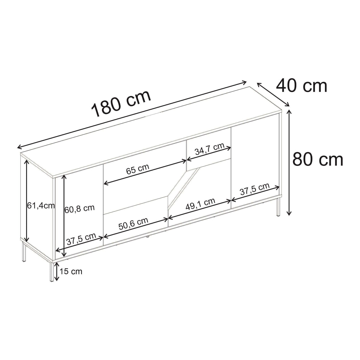 Sideboard dimensions: 180cm W, 80cm H, 40cm D