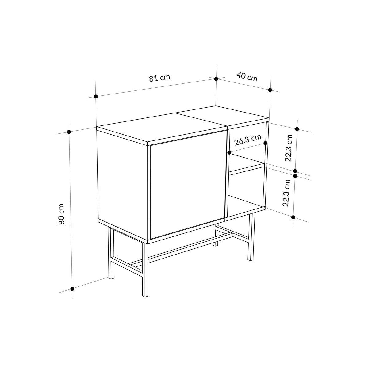 Mona mini console table with storage cabinet, open shelf, and black metal frame