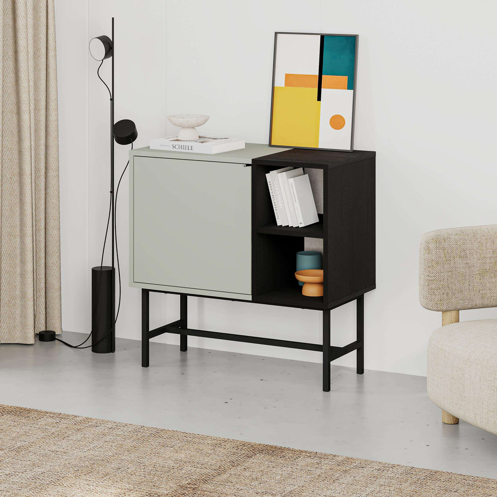 Mini console table with drawer and open shelves, black and light wood finish
