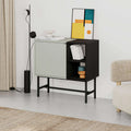 Mini console table with drawer and open shelves, black and light wood finish