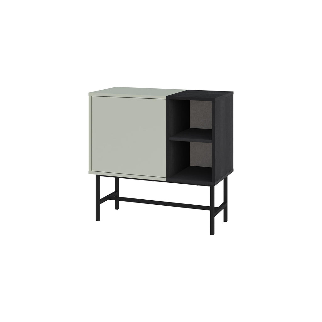 Ash green mini console table with black open shelves and hinged cabinet door