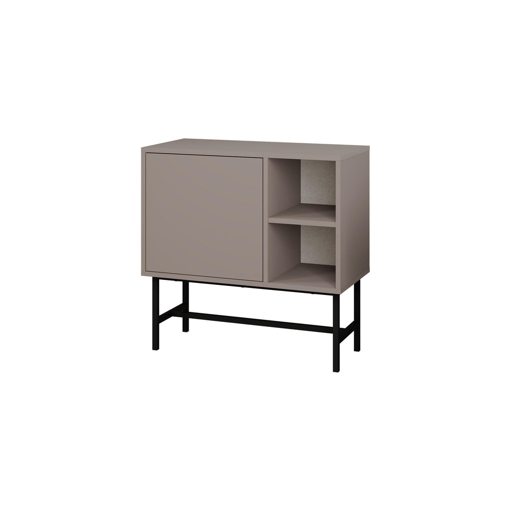 Taupe mini console table with open shelves and cabinet door, black metal legs