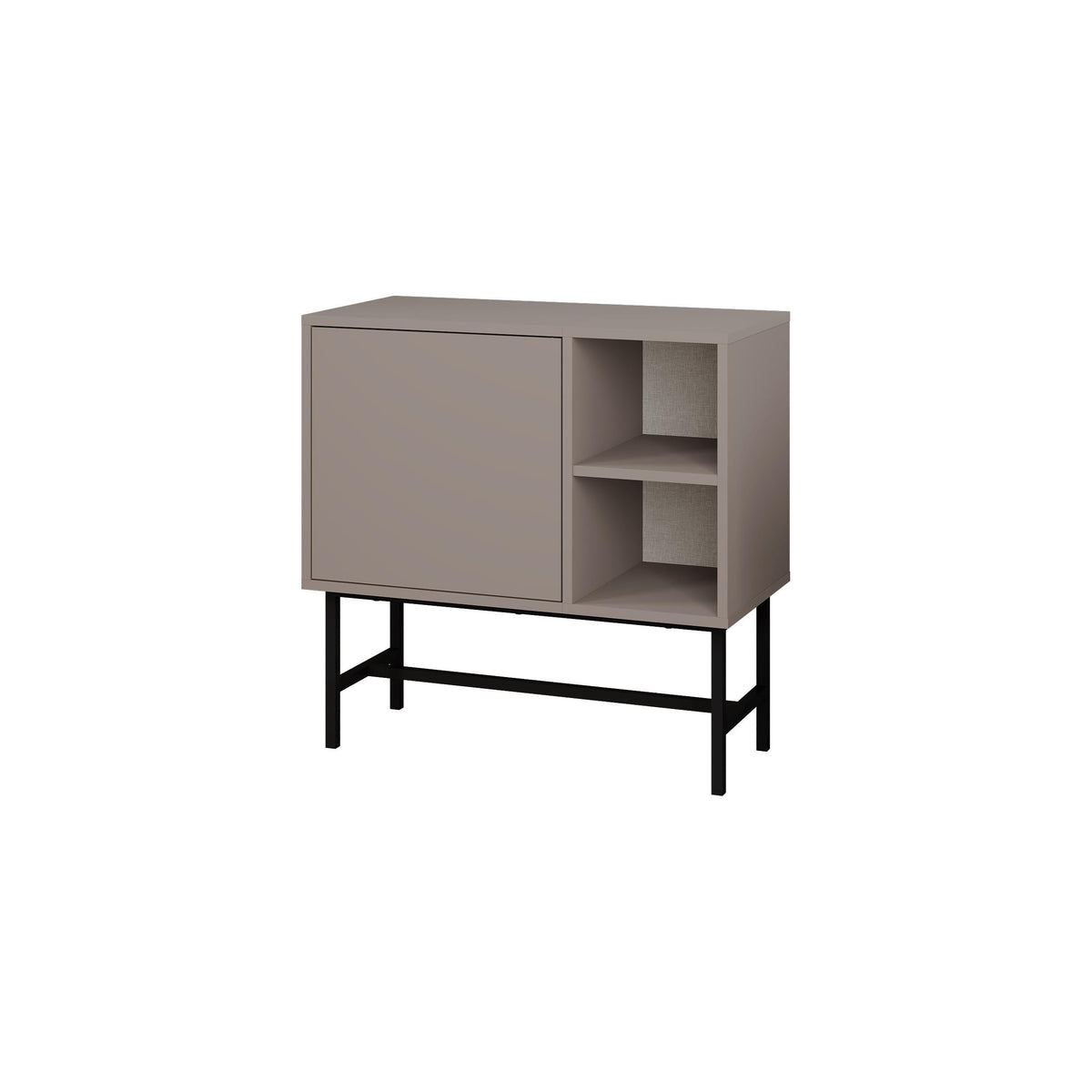 Taupe mini console table with open shelves and cabinet door, black metal legs