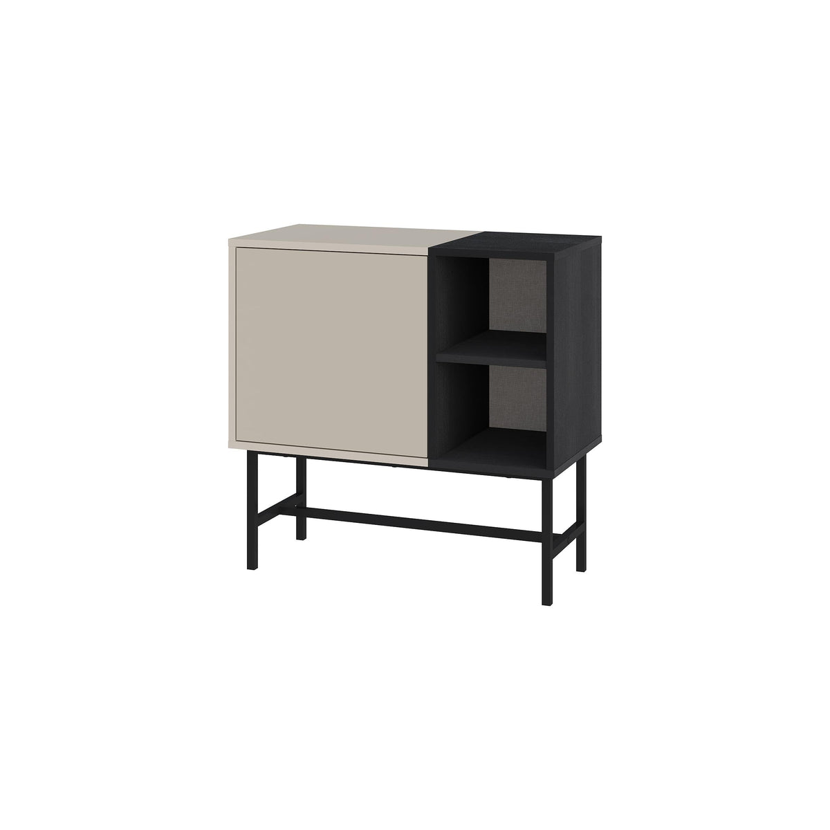 Sandstone mini console table with black open shelves and cabinet door, black legs