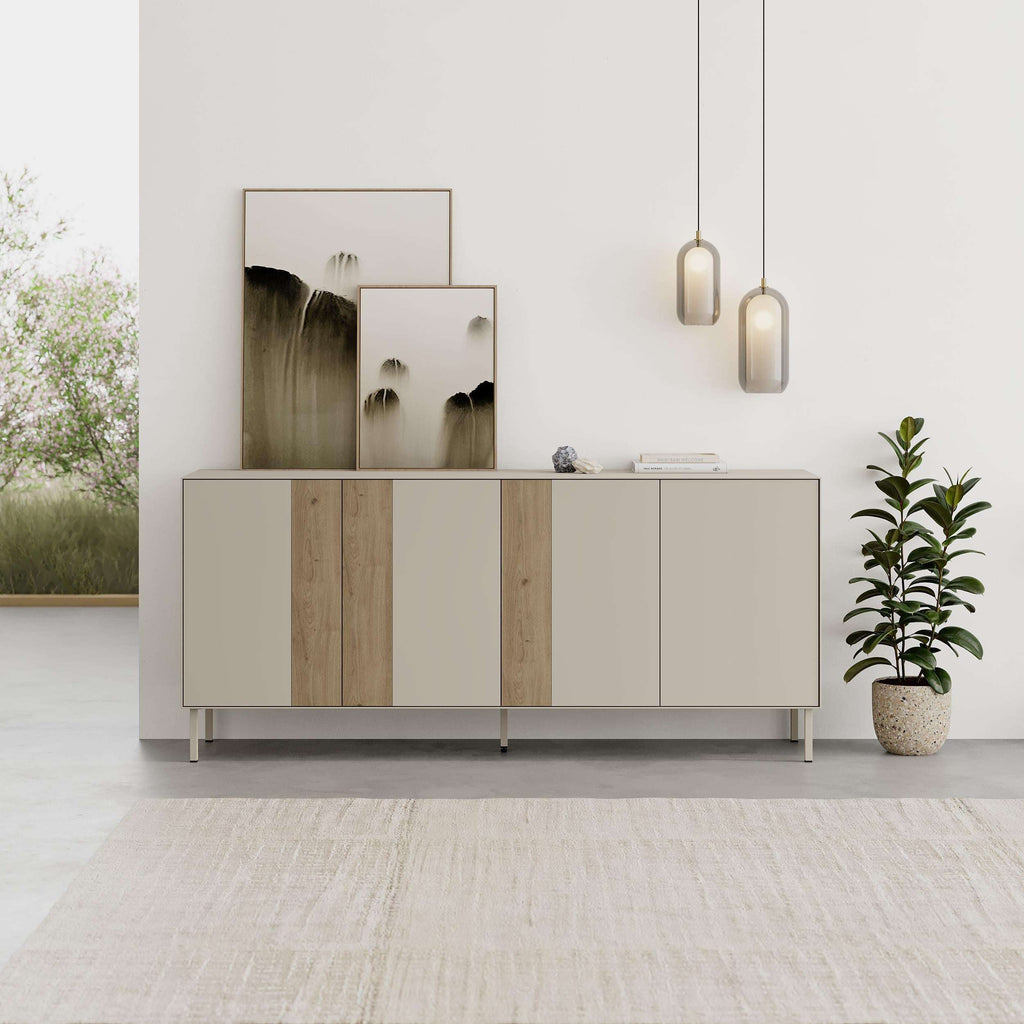 Two-tone console sideboard with multiple cabinet doors and metal feet