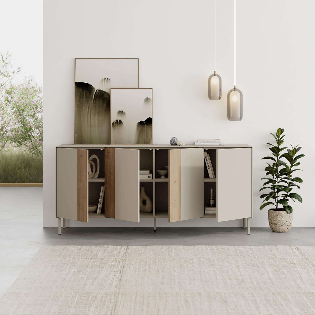 Console sideboard with open storage compartments and two cabinet door sections
