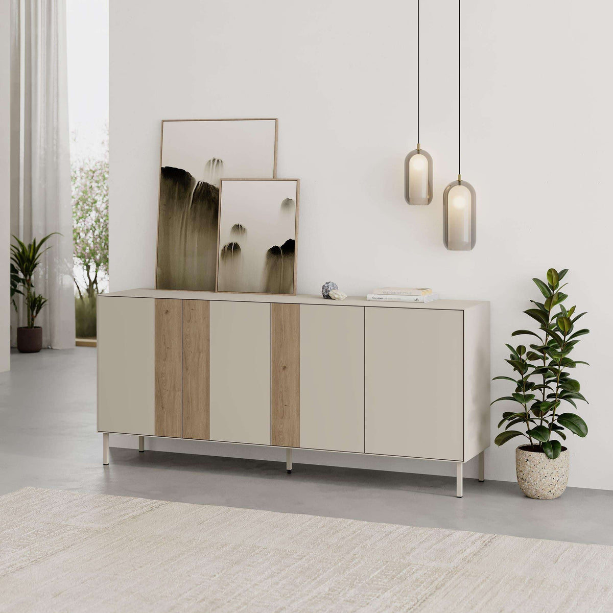 Two-tone console sideboard with four cabinet doors and slim metal legs