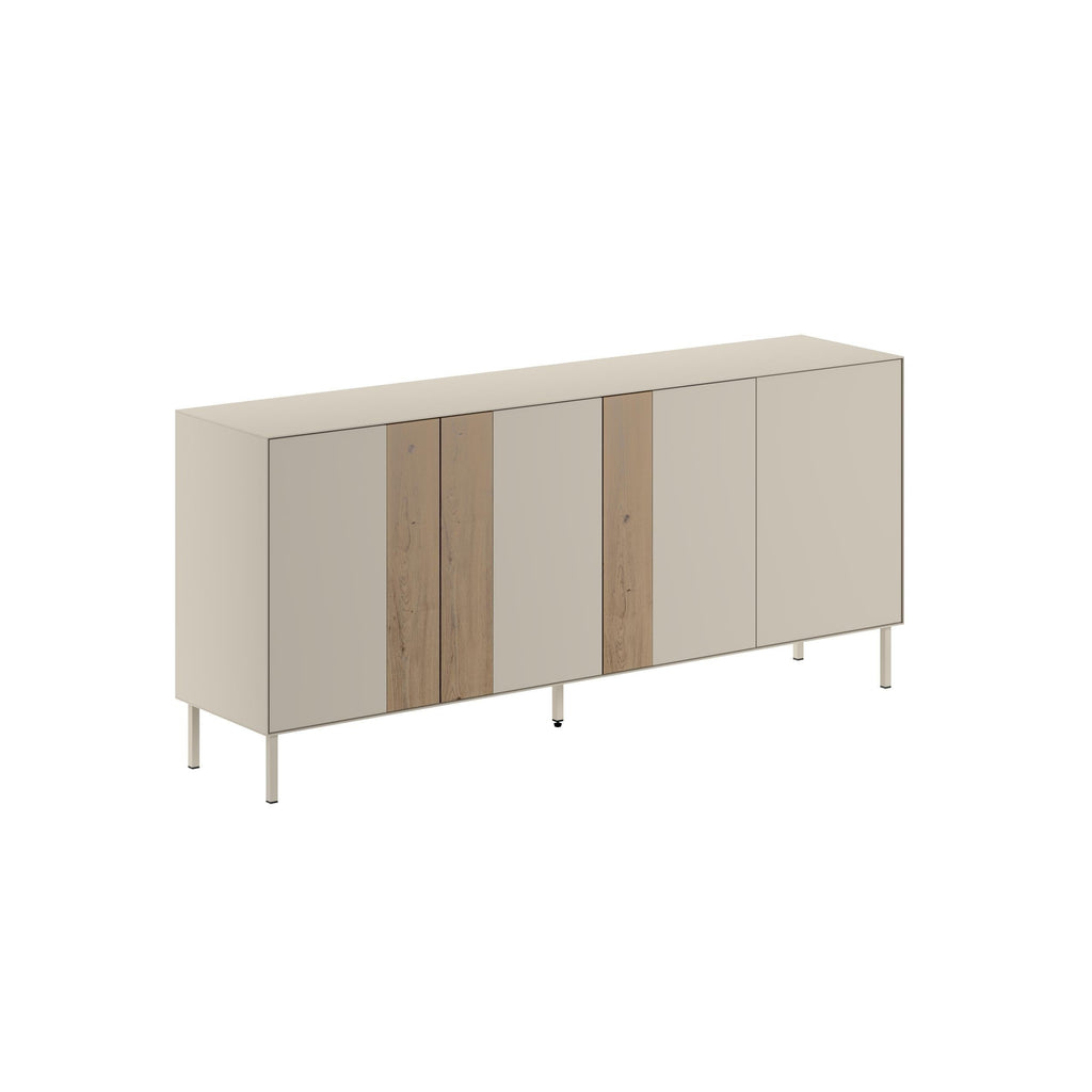 Low sideboard console with light wood panels, gray body, and metal legs