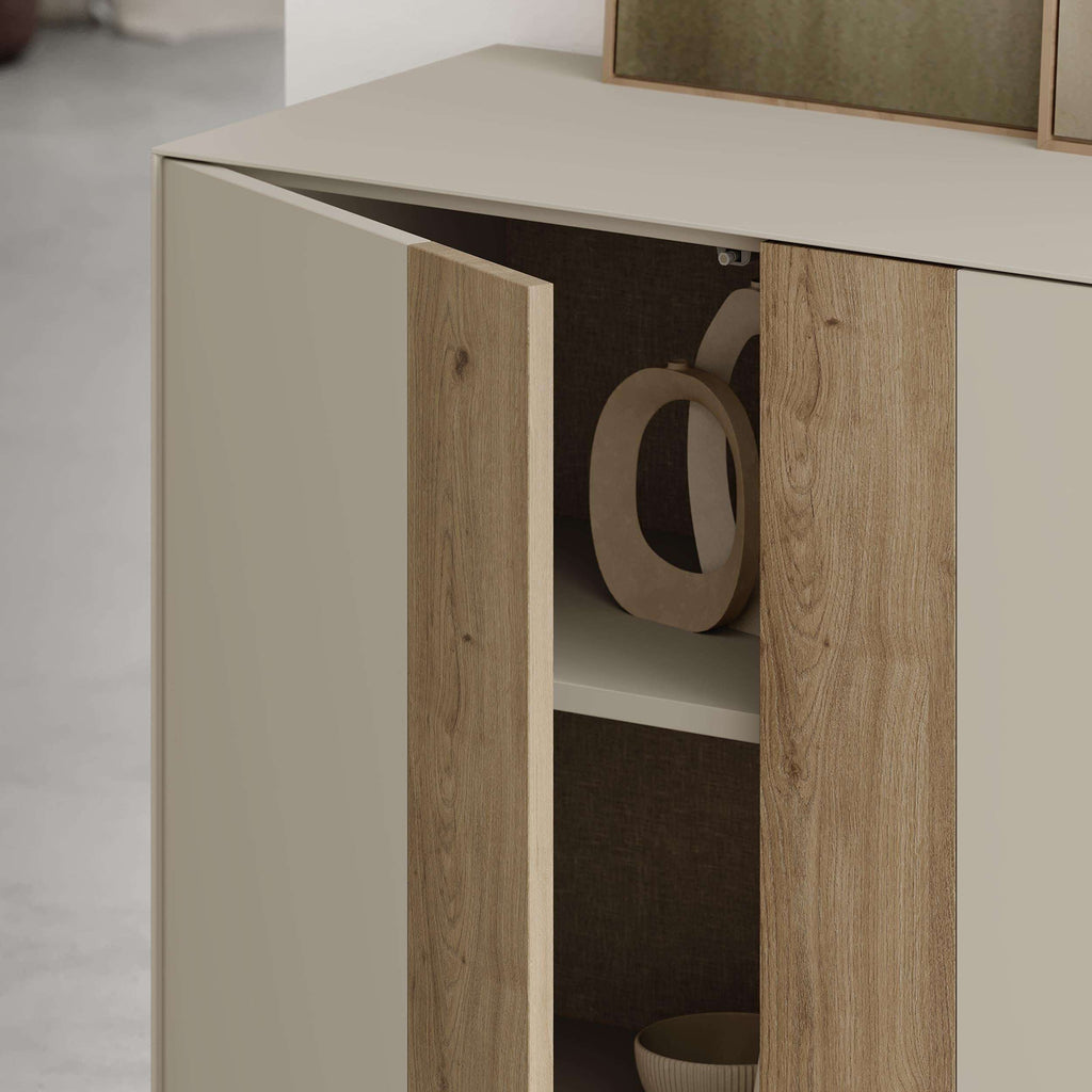 Open cabinet compartment inside console sideboard with wood side panels