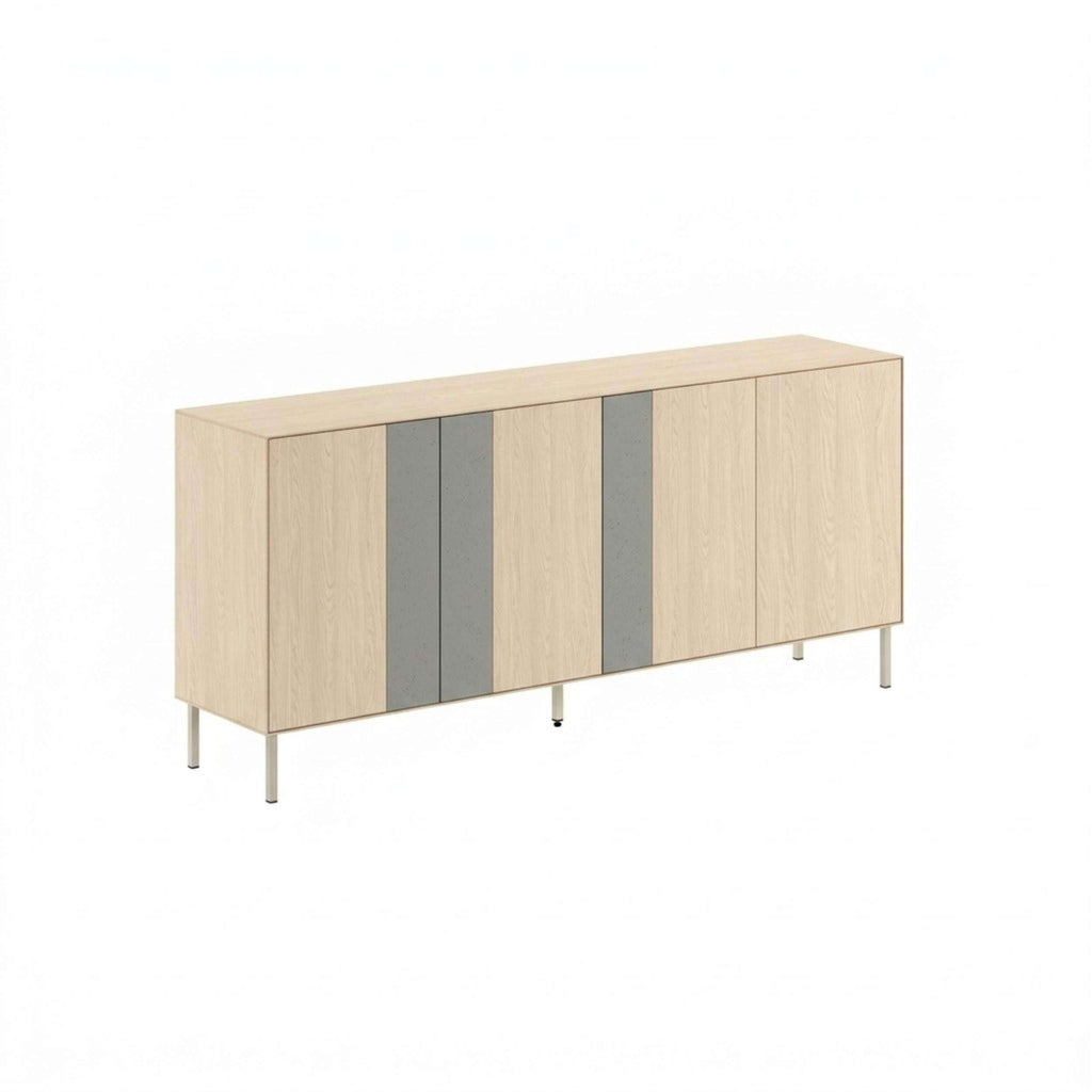Wood console sideboard with alternating light and gray cabinet panels