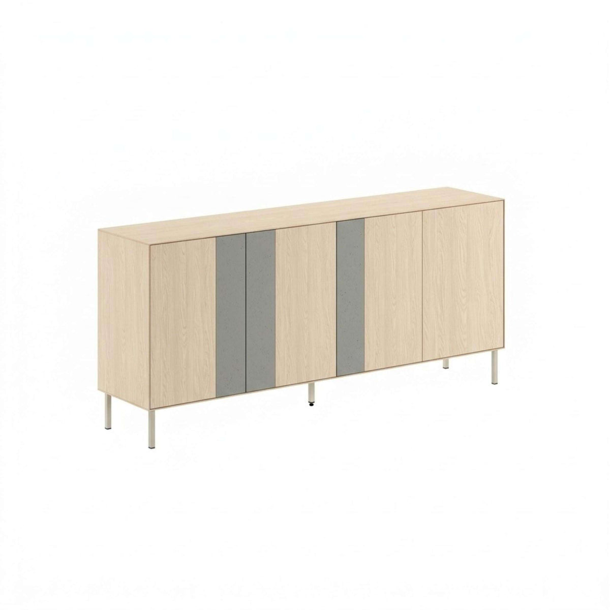 Wood console sideboard with alternating light and gray cabinet panels