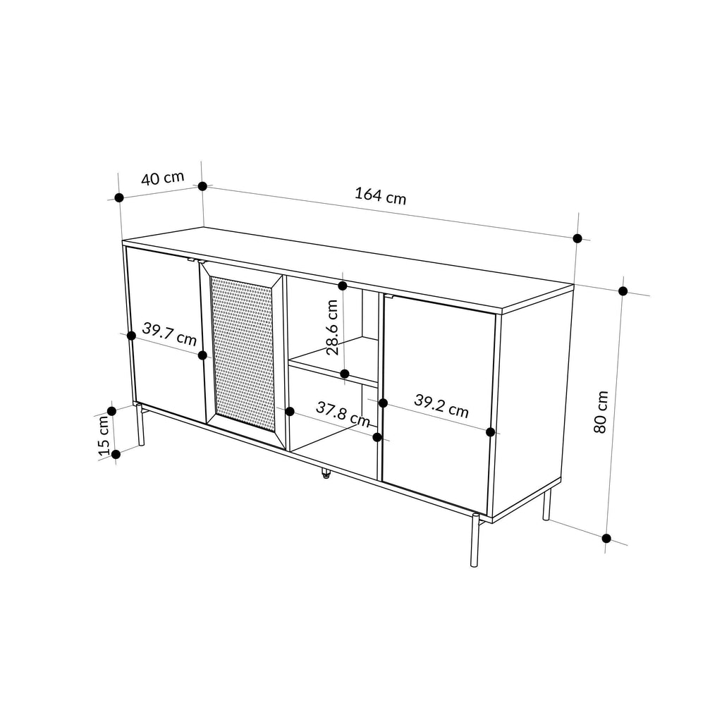 Sideboard product dimensions diagram with three doors and open shelving