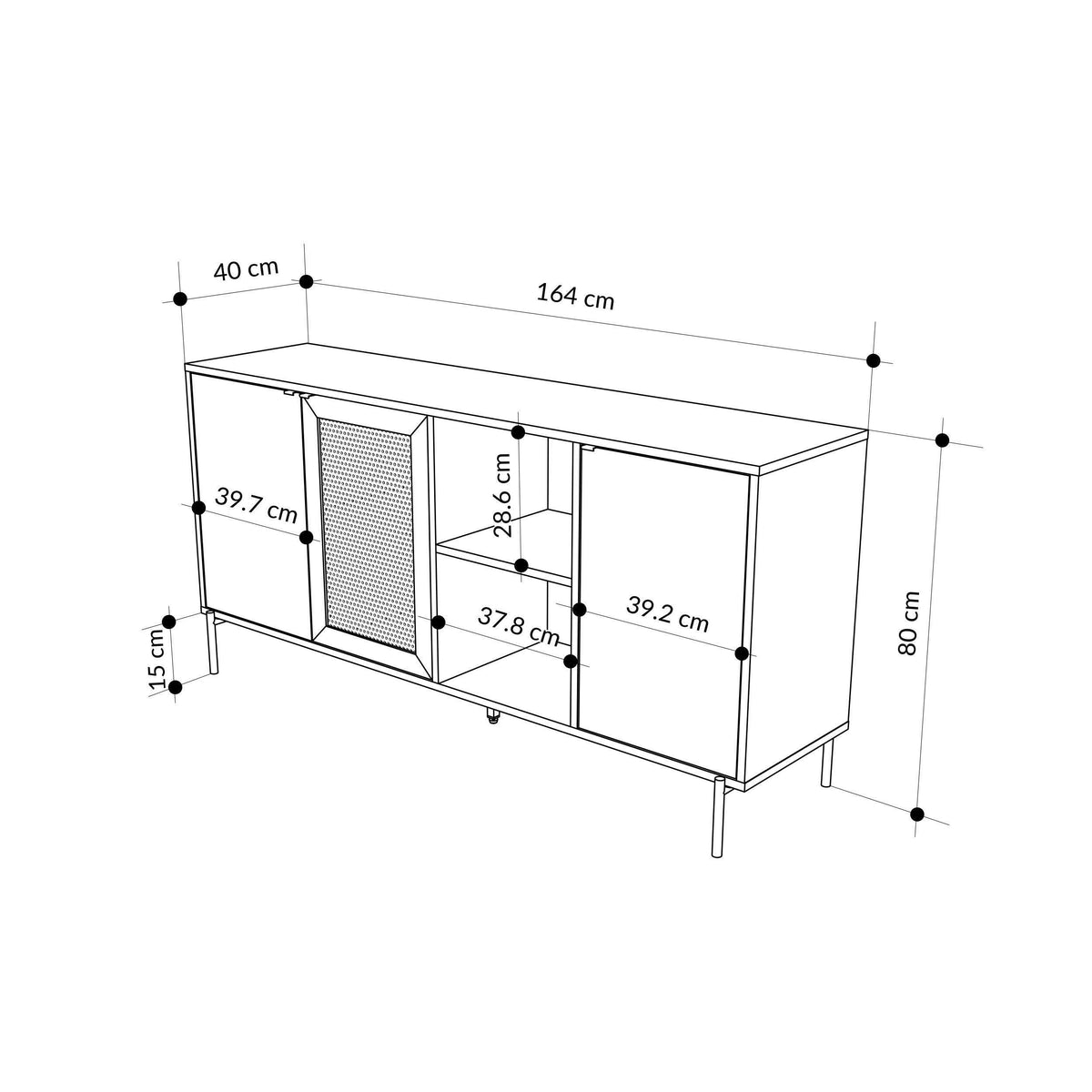 Sideboard product dimensions diagram with three doors and open shelving