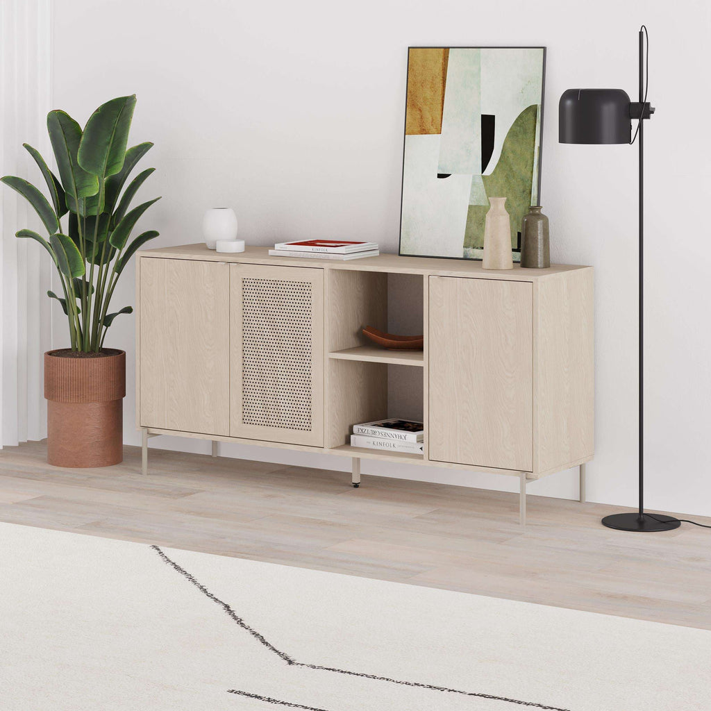 Sonomo oak sideboard angled view with open compartments and perforated grille front