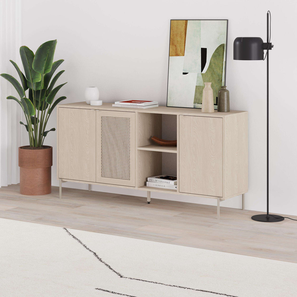 Sonomo oak sideboard angled view with open compartments and perforated grille front
