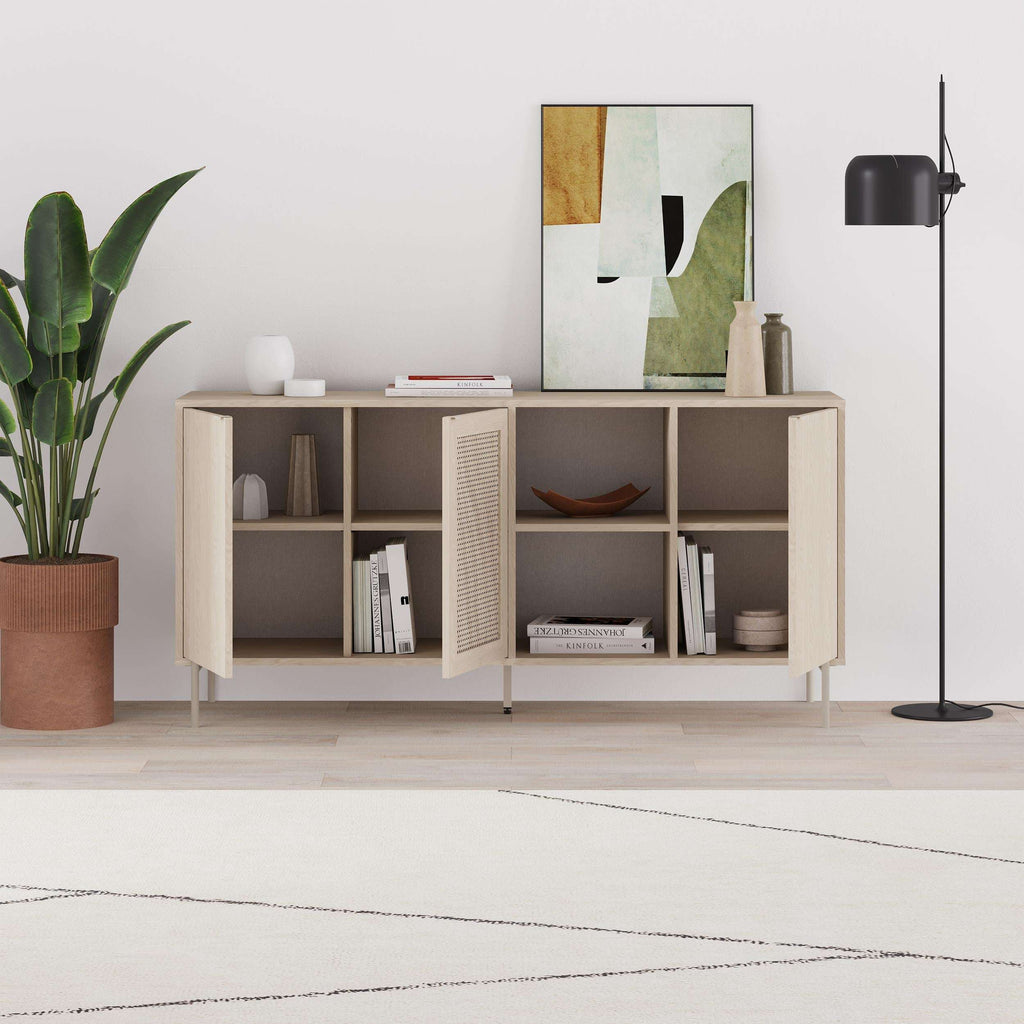 Sonomo oak sideboard with open shelves, perforated grille door, and three-door storage