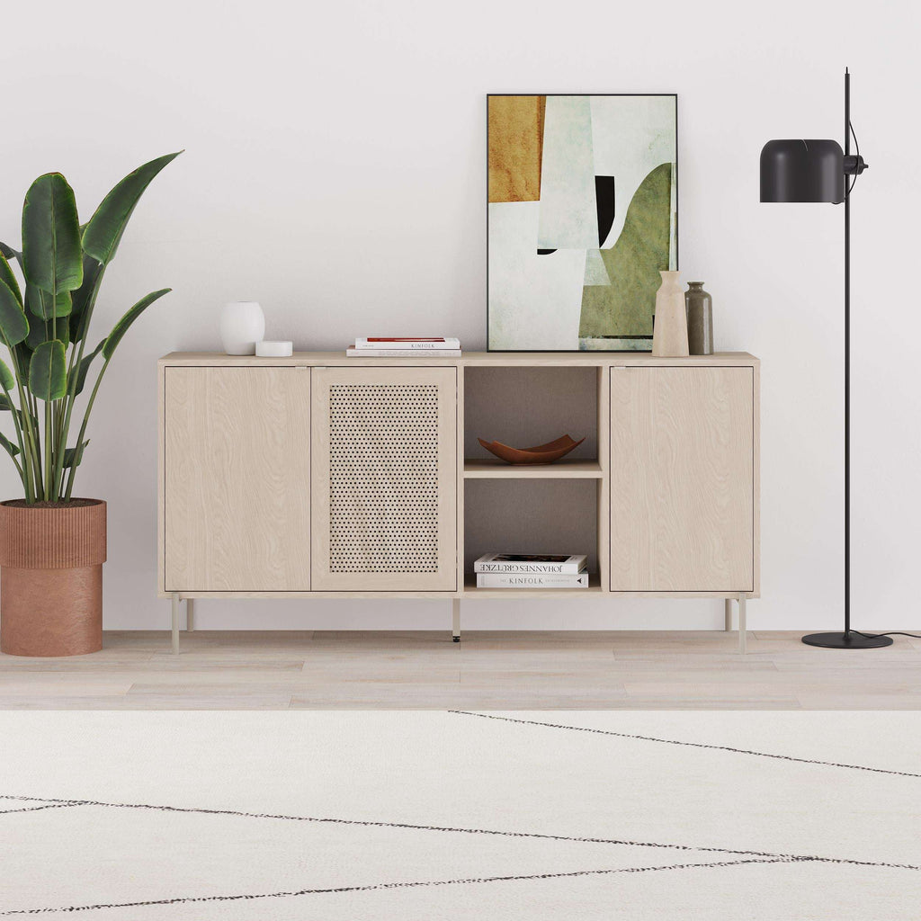 Sonomo oak sideboard with open shelves and three doors, featuring a perforated grille panel