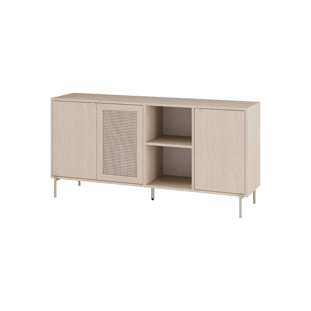 Sonomo oak sideboard with two cabinet doors, perforated grille, and open center shelves