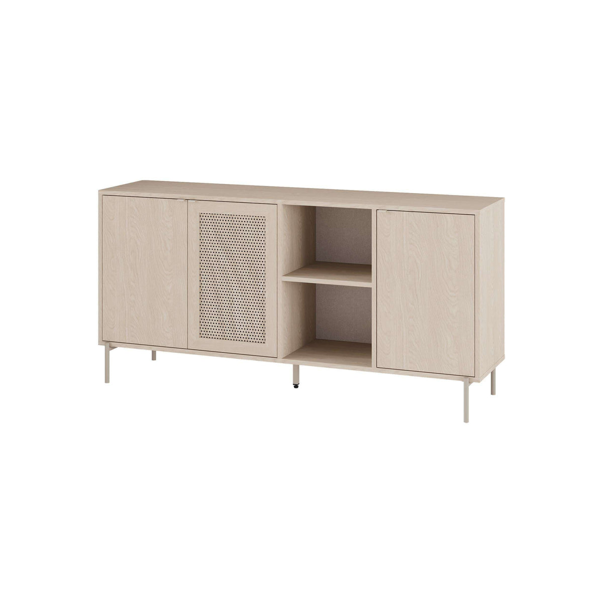 Sonomo oak sideboard with two cabinet doors, perforated grille, and open center shelves