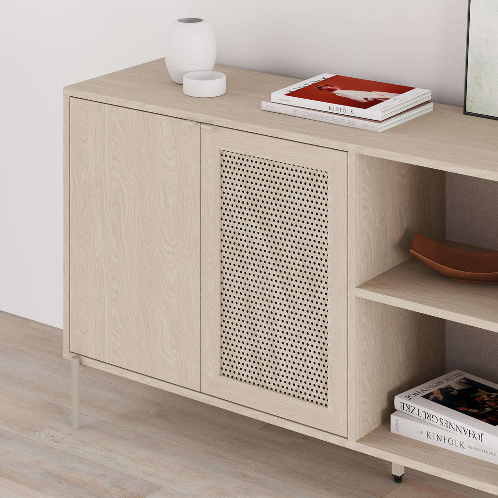 Sonomo oak sideboard with perforated center door and open shelving on the right