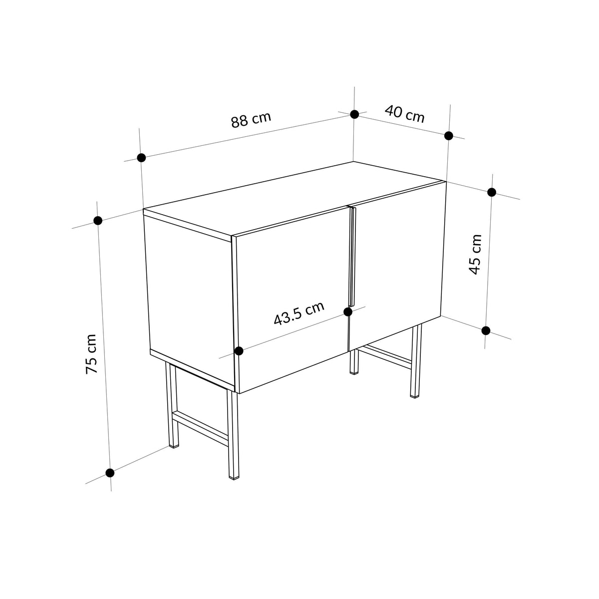 Two-door console cabinet dimensions: 88 cm wide, 45 cm high, 40 cm deep