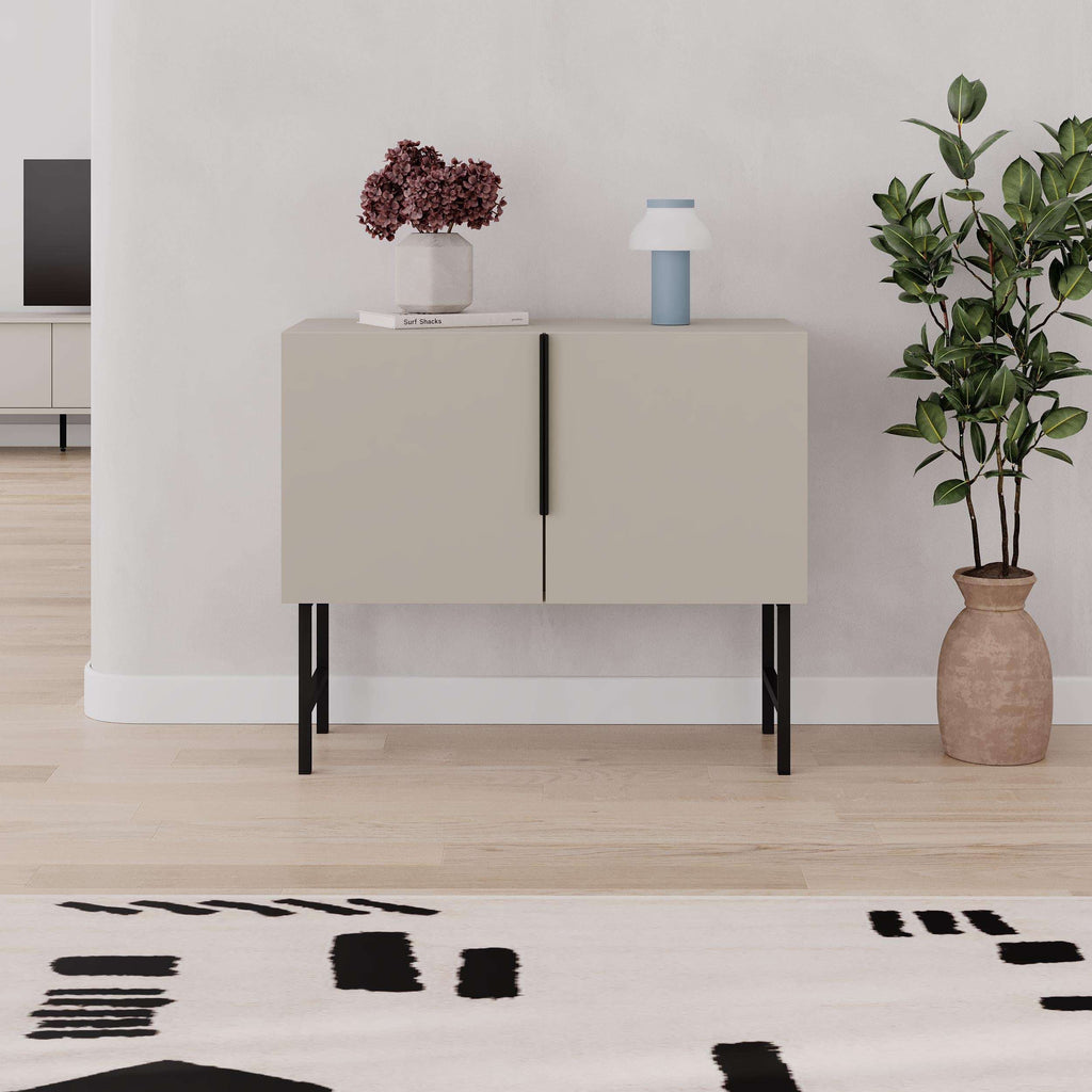 White two-door console cabinet with vertical bar handles and black angled legs