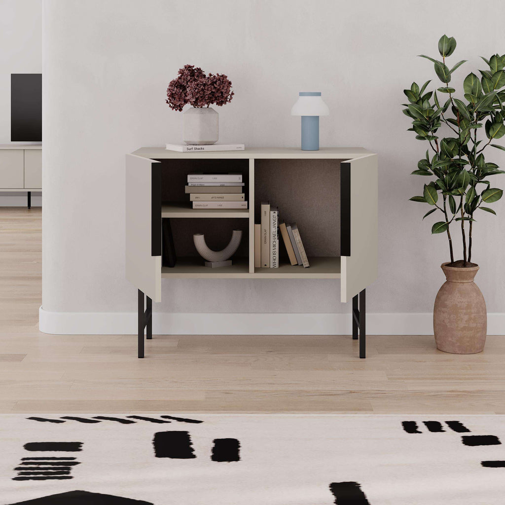 Two-door console cabinet with open shelves and dark interior, black legs