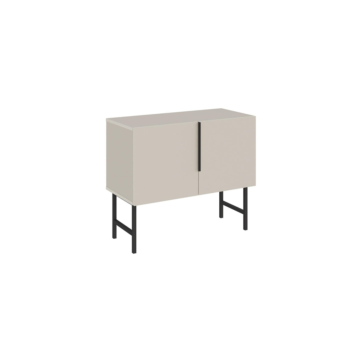 Sandstone two-door console cabinet with vertical bar handles and black angled legs