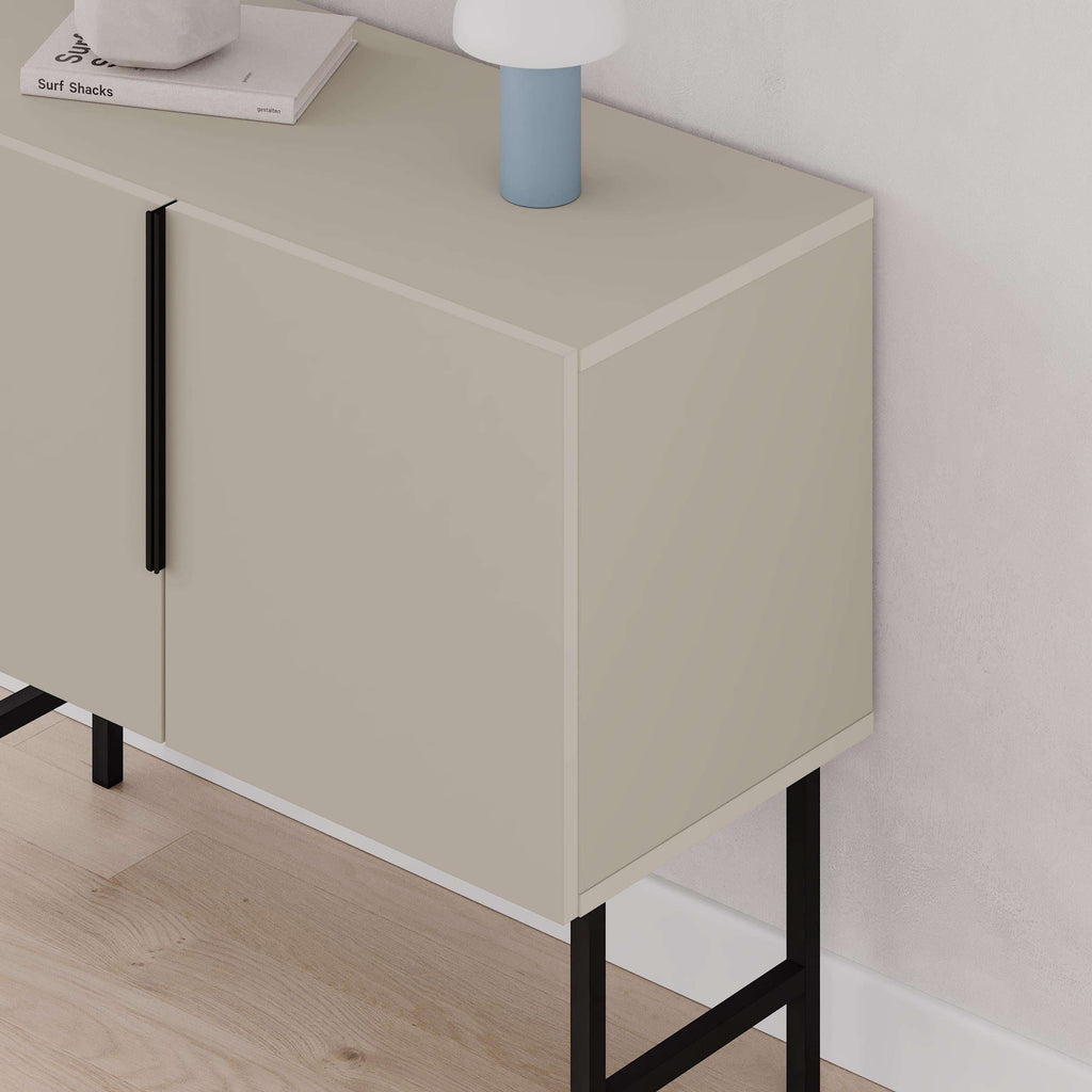Sandstone console cabinet with two doors, vertical bar handle, black angled legs