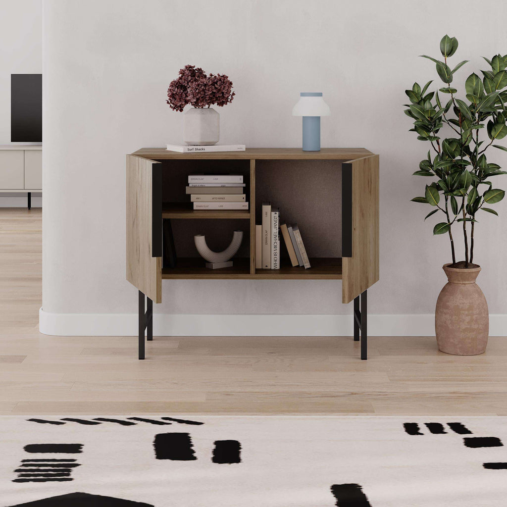 Natural oak 2-door console cabinet with open shelf and black legs.