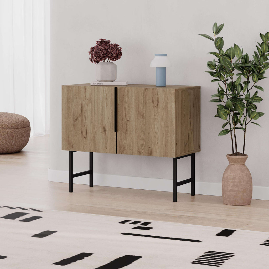 Natural oak 2-door console cabinet with black legs and vertical center handle.