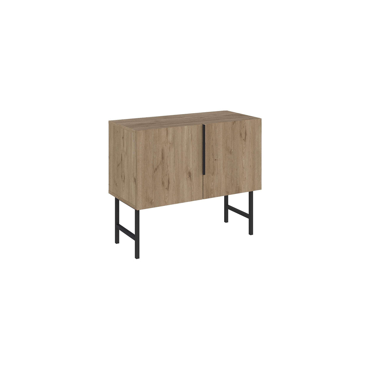 Natural oak 2-door console cabinet with black legs and vertical center handle.