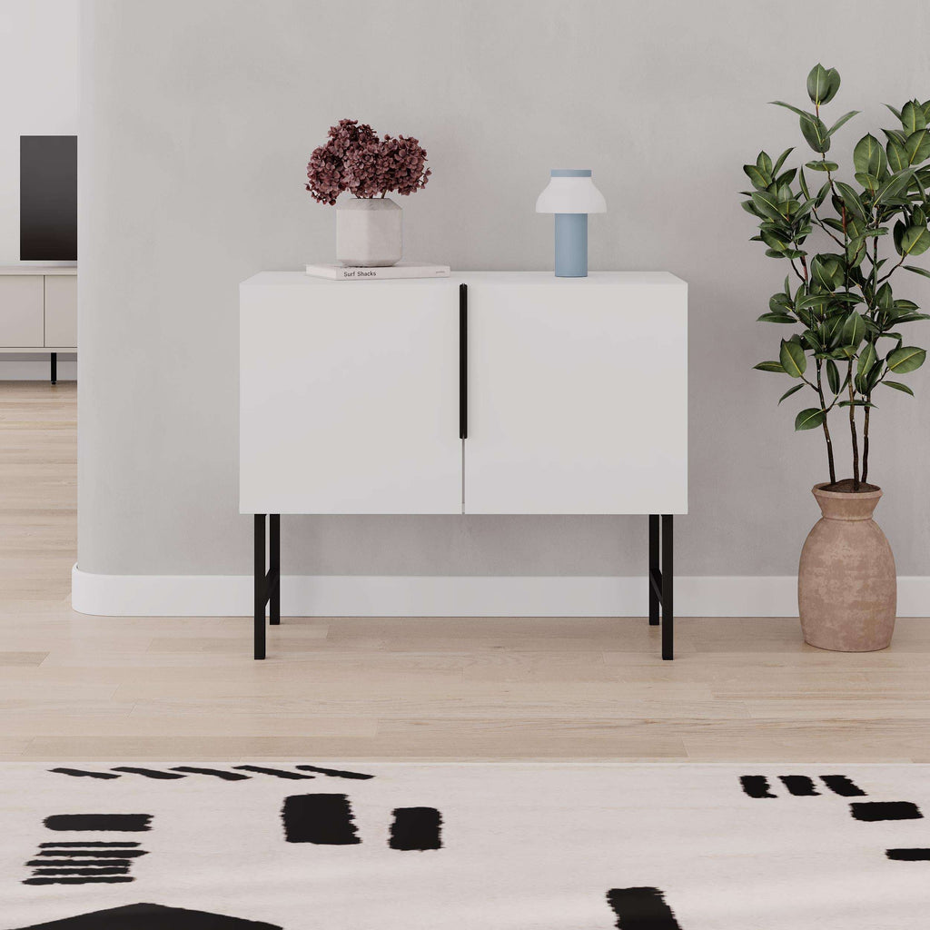 White two-door console cabinet with vertical bar handles, black angled legs