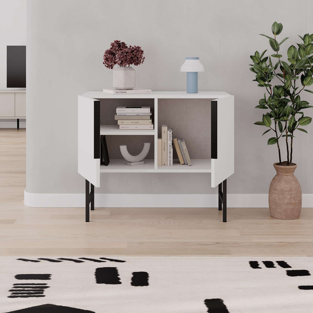 Two-door console cabinet with open shelves, dark interior, black legs and handles
