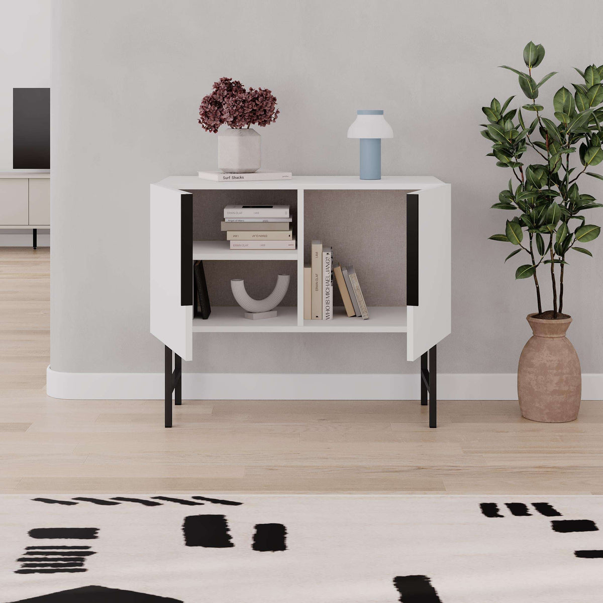 Two-door console cabinet with open shelves, dark interior, black legs and handles