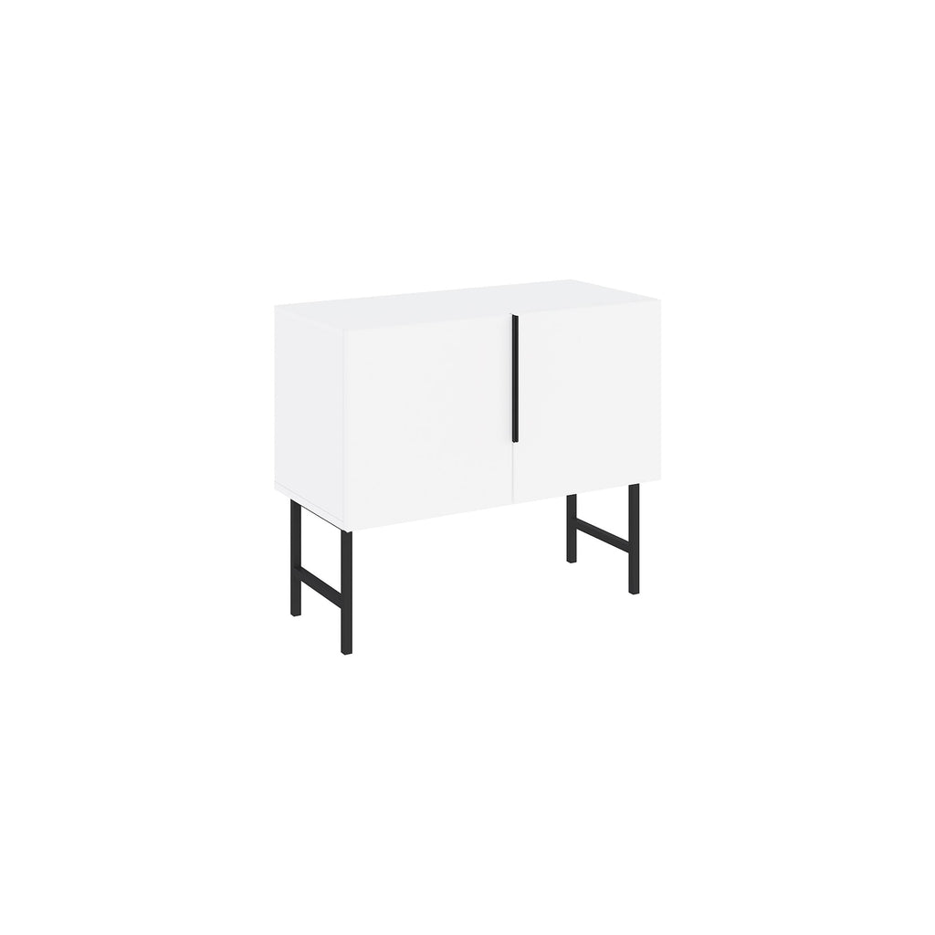 White 2-door console cabinet with black legs and vertical center handle.