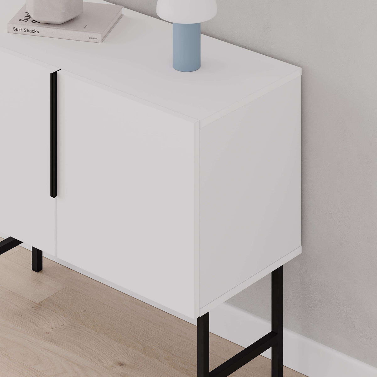 Sandstone console cabinet with two doors, vertical bar handle, black angled legs