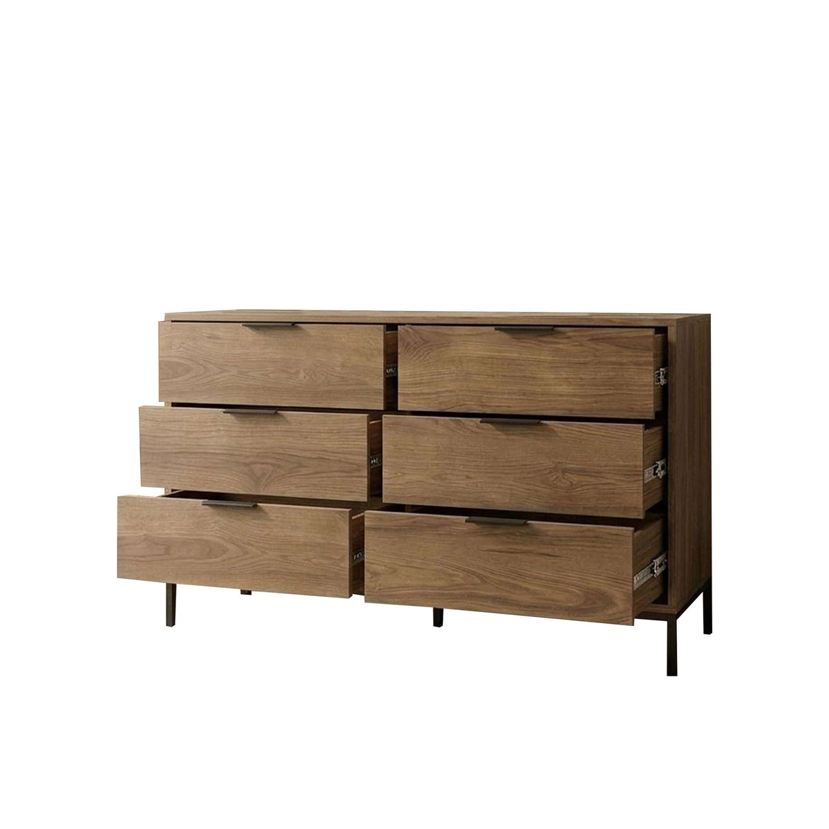 Whiskey oak 6-drawer wide chest of drawers with dark bar pulls and legs