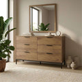 Whiskey oak 6-drawer wide chest with dark handles, black legs, and mirror