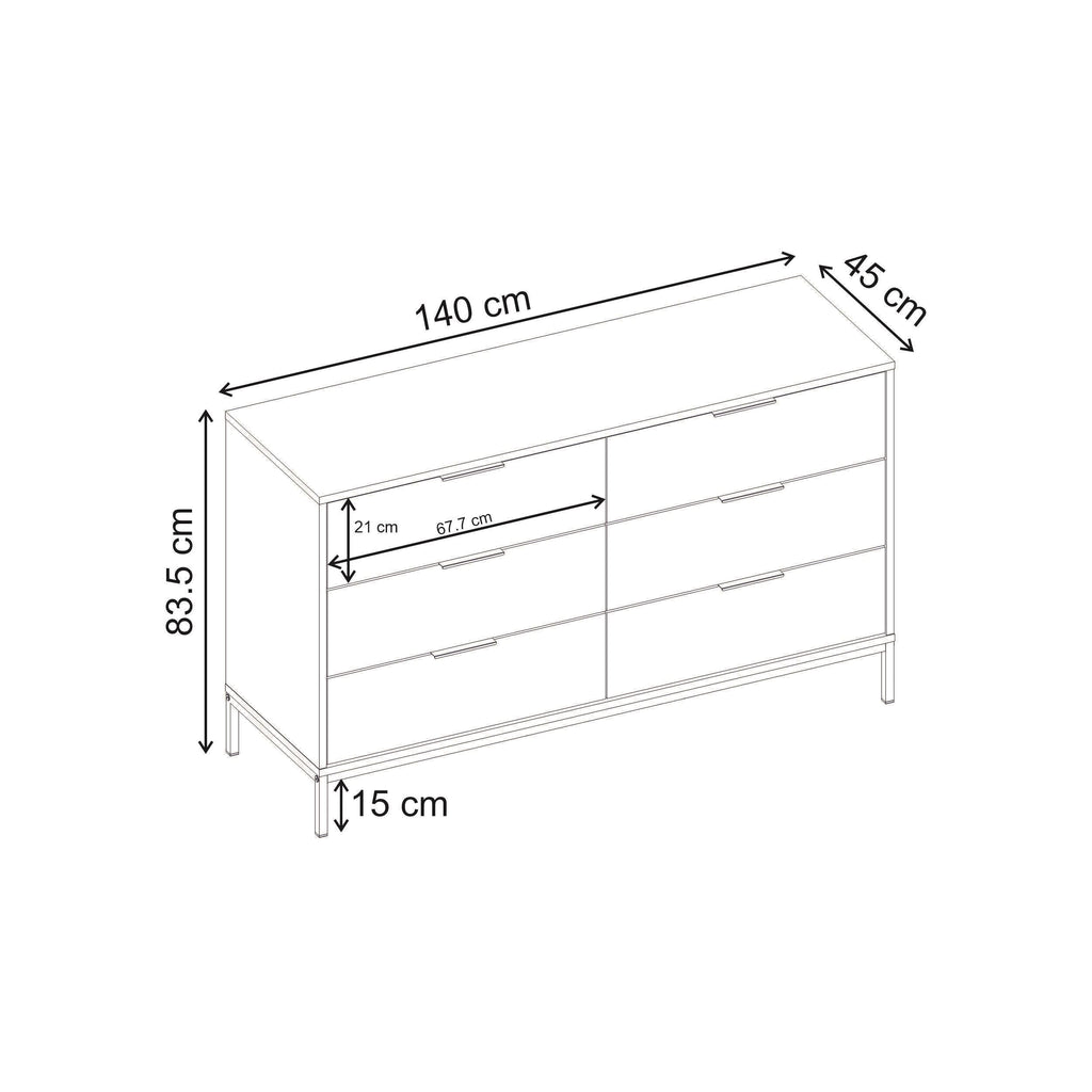Chest dimensions: 140 cm W x 83.5 cm H x 45 cm D, 6-drawer style