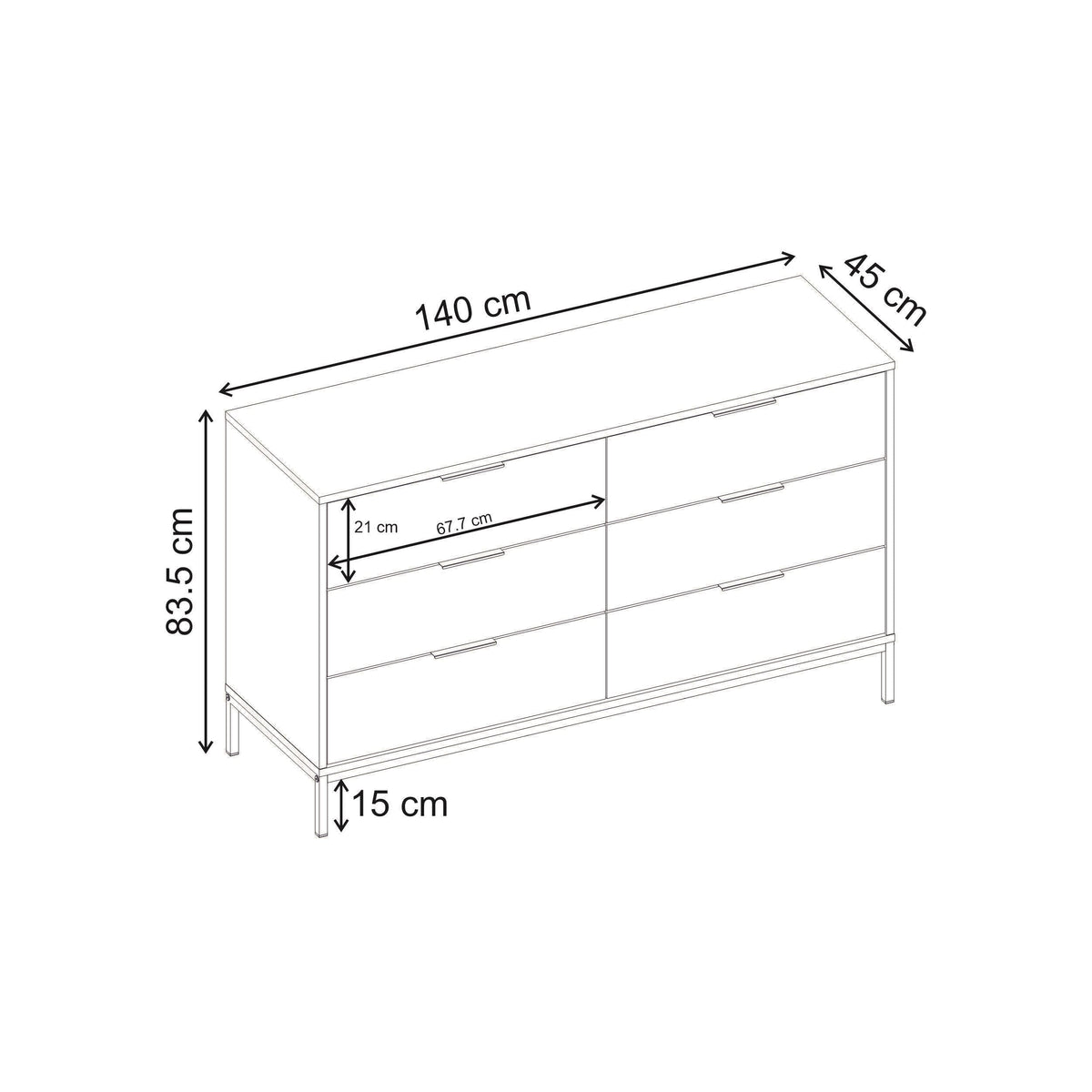 Chest dimensions: 140 cm W x 83.5 cm H x 45 cm D, 6-drawer style