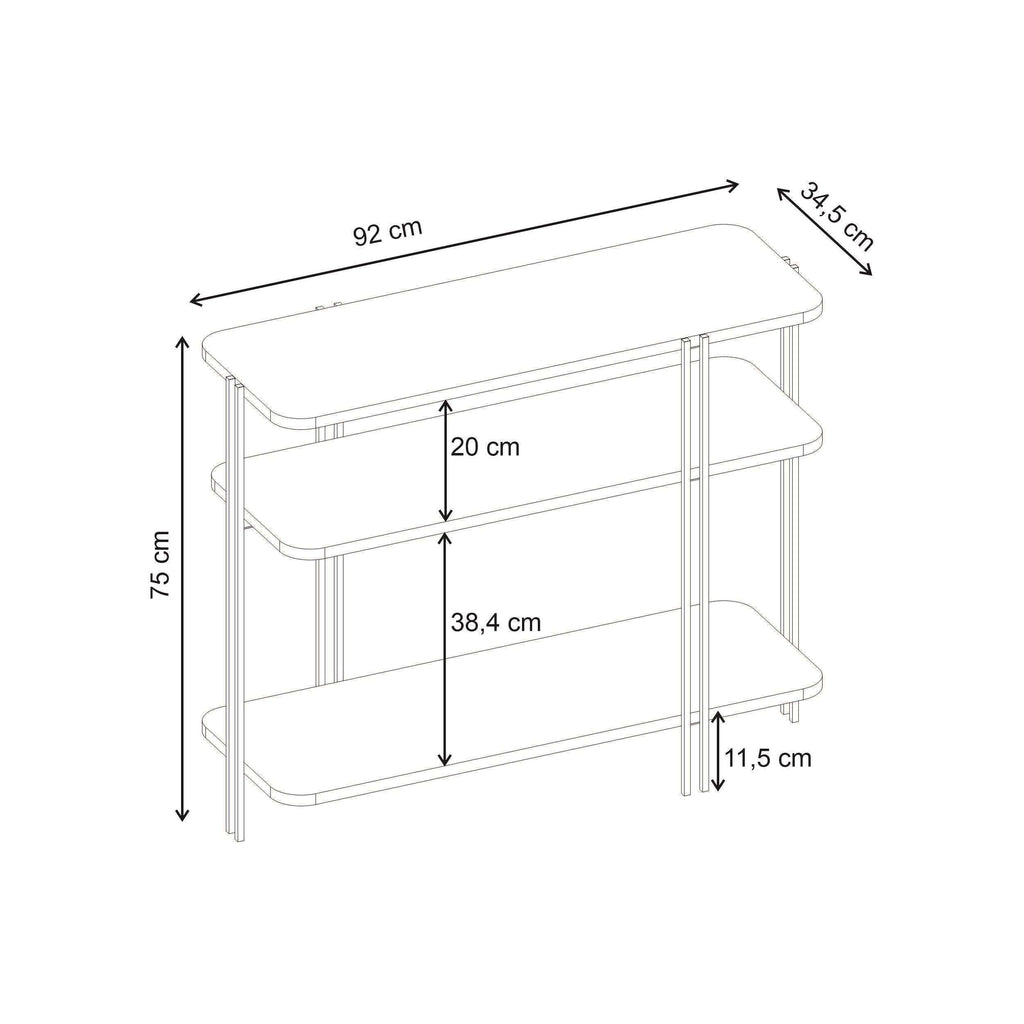 Console table dimensions diagram with shelf widths and overall measurements