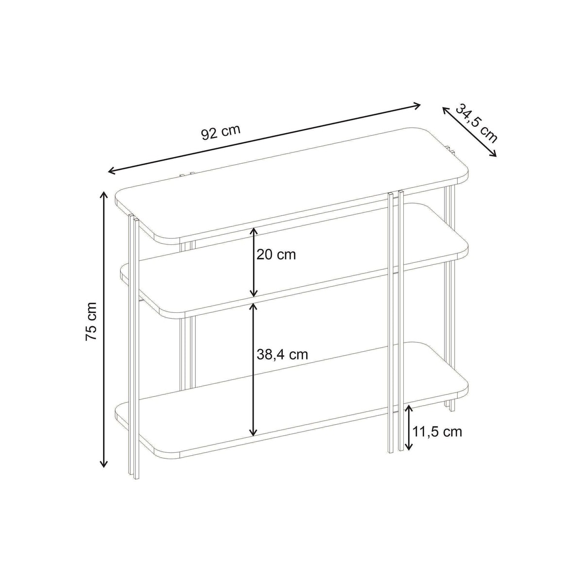 Console table dimensions diagram with shelf widths and overall measurements