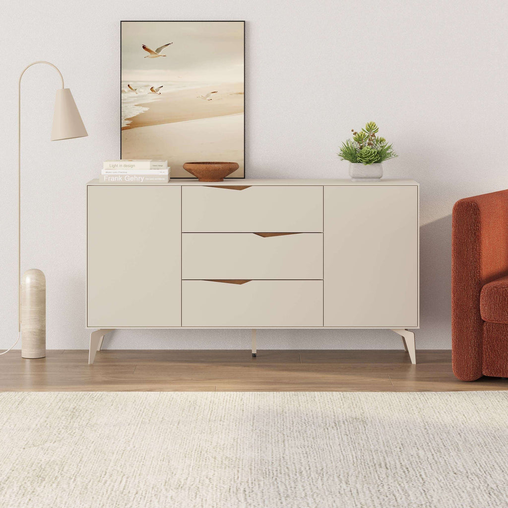 Sandstone console sideboard closed front with 3 drawers, 2 doors, tapered legs